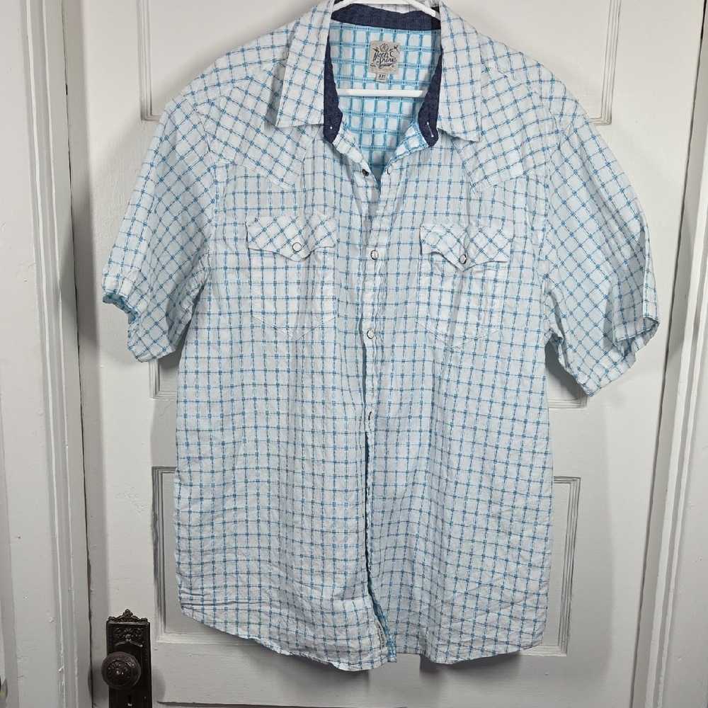Moon Shine Men's Sz XXL Short Sleeve Pearl Snap Shirt Pockets Loose Fit 0423